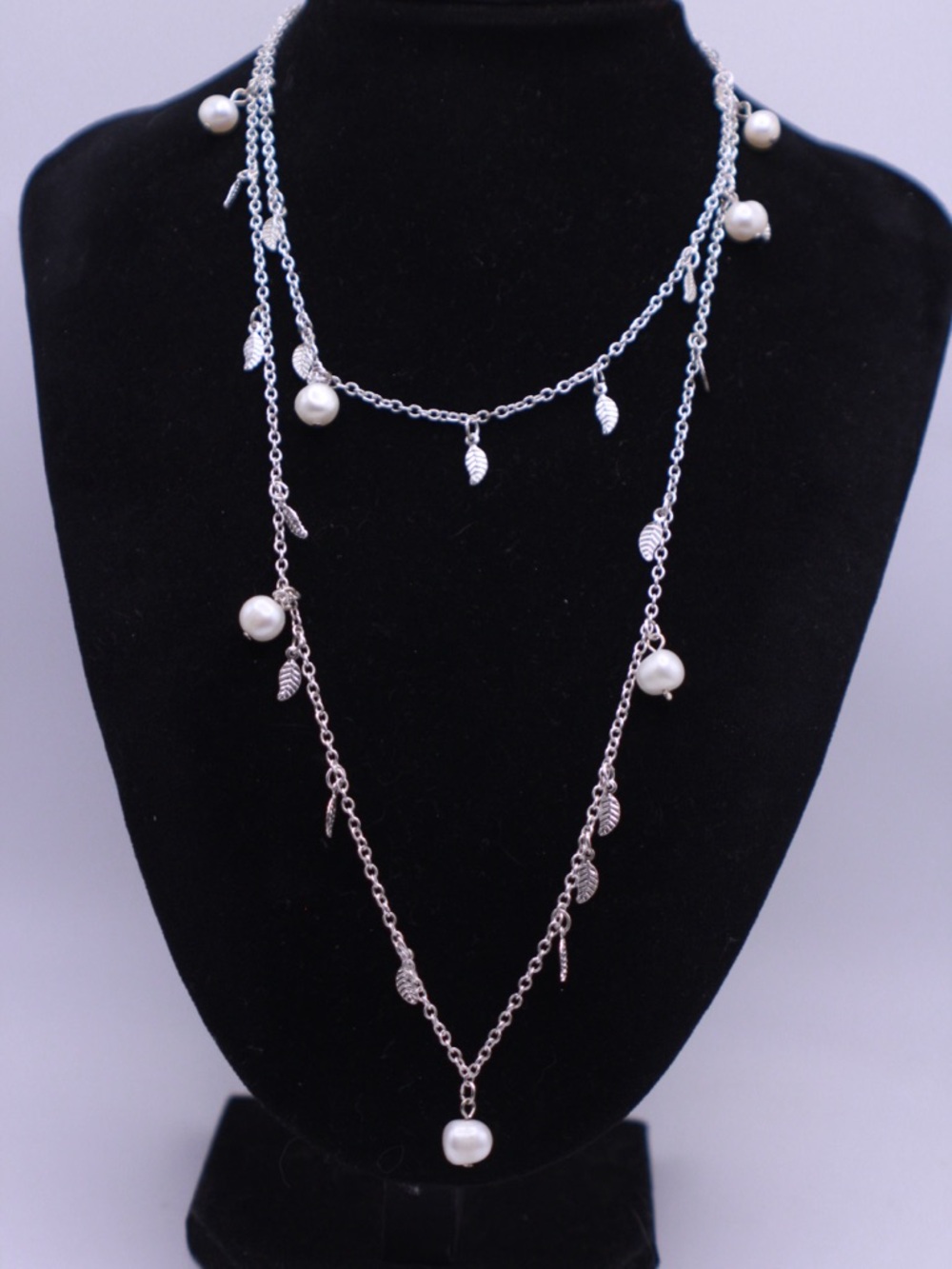 34” Silver-tone Fresh Water Pearls & Leaf single strand Necklace